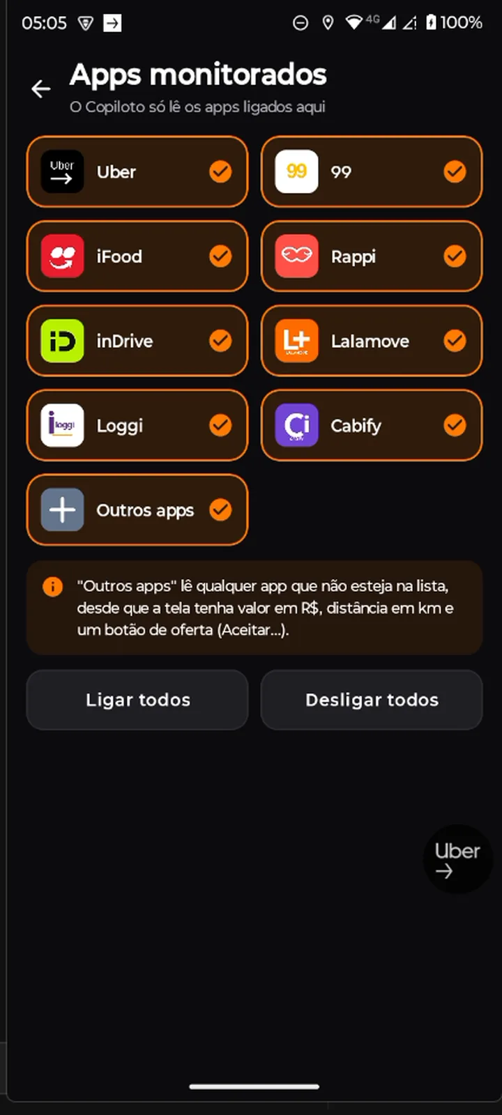 Tela Apps monitorados com Uber, 99, iFood, Rappi, inDrive, Lalamove, Loggi, Cabify e Outros apps