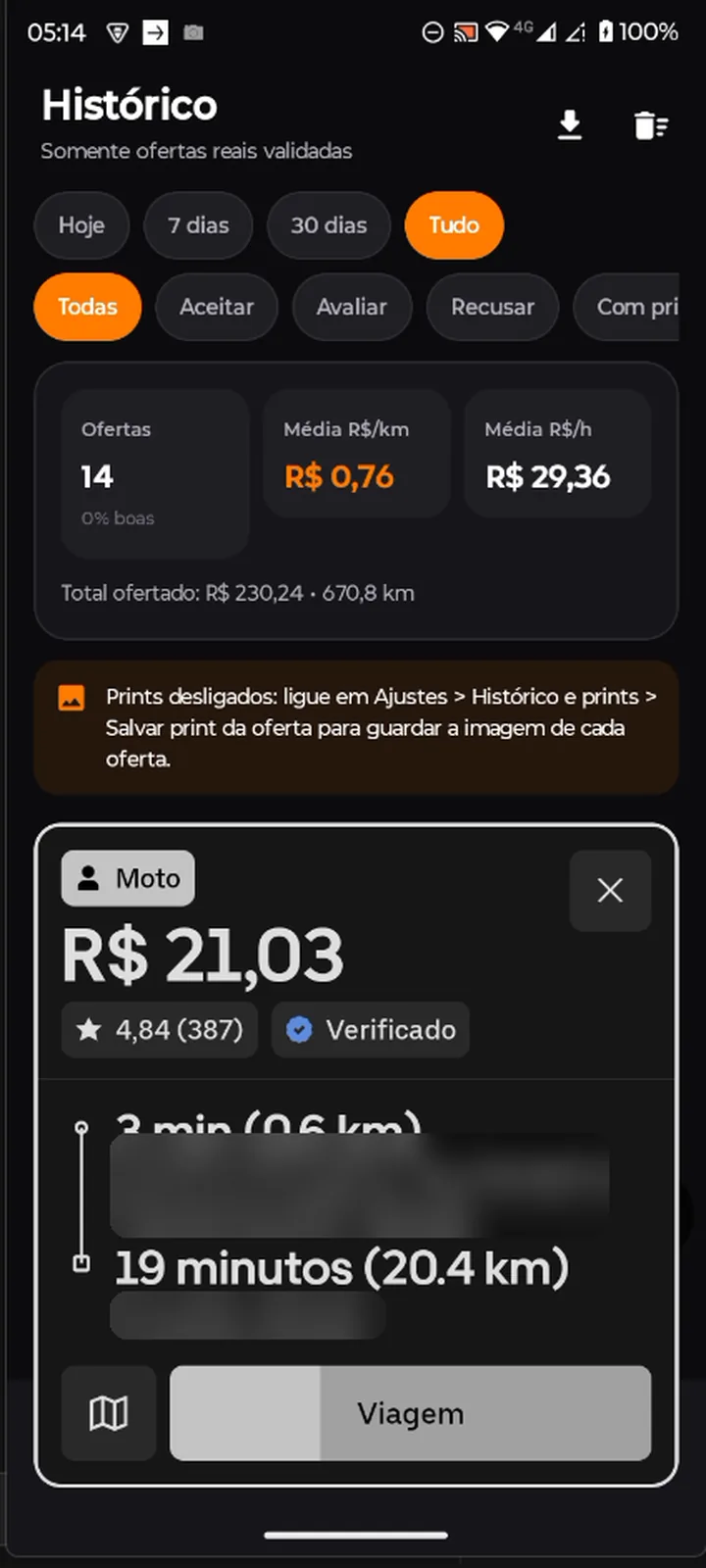 Histórico com filtros, ofertas, média de R$/km e de R$/hora