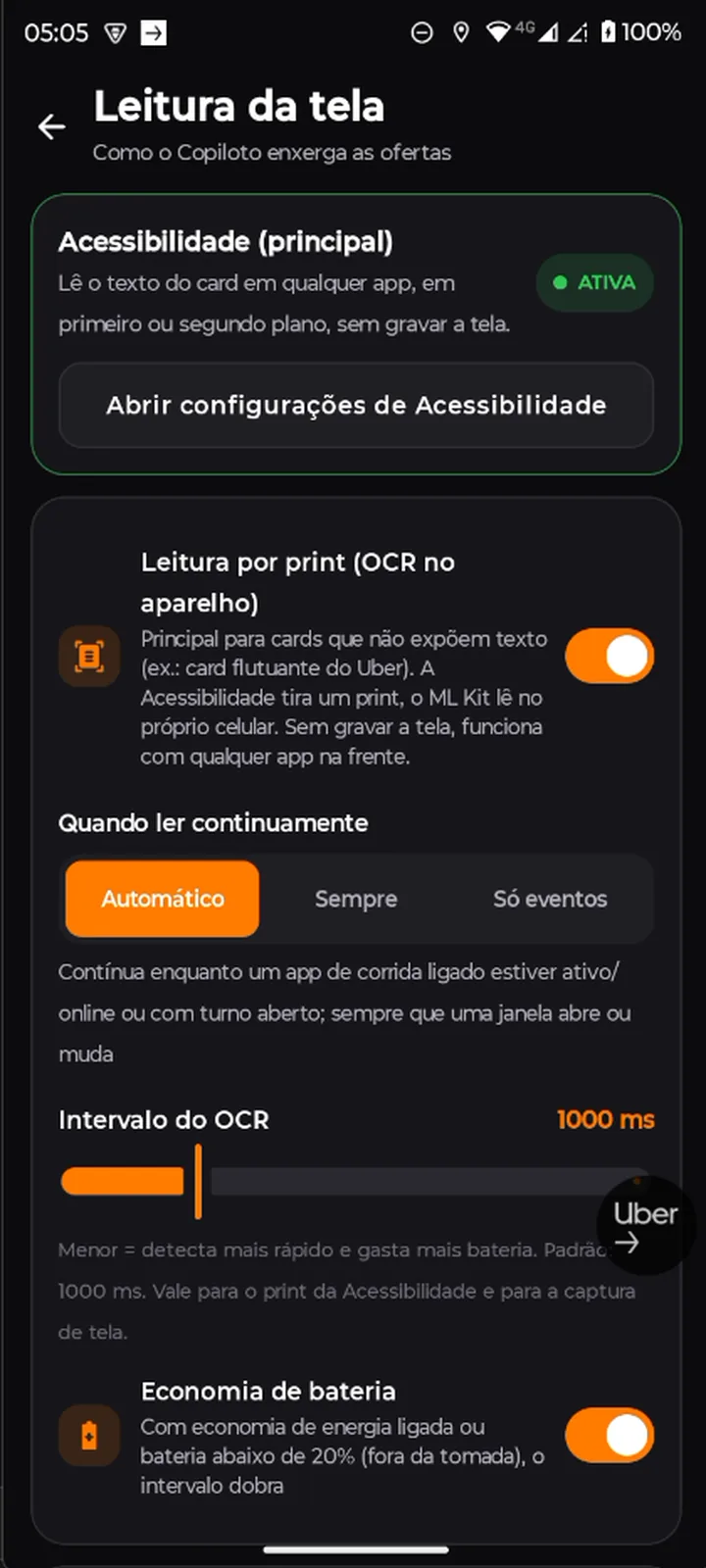Tela Leitura da tela com Acessibilidade, OCR no aparelho e economia de bateria