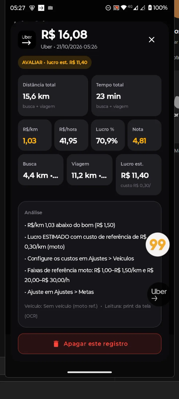 Tela real: oferta da Uber de R$ 16,08 com veredito AVALIAR