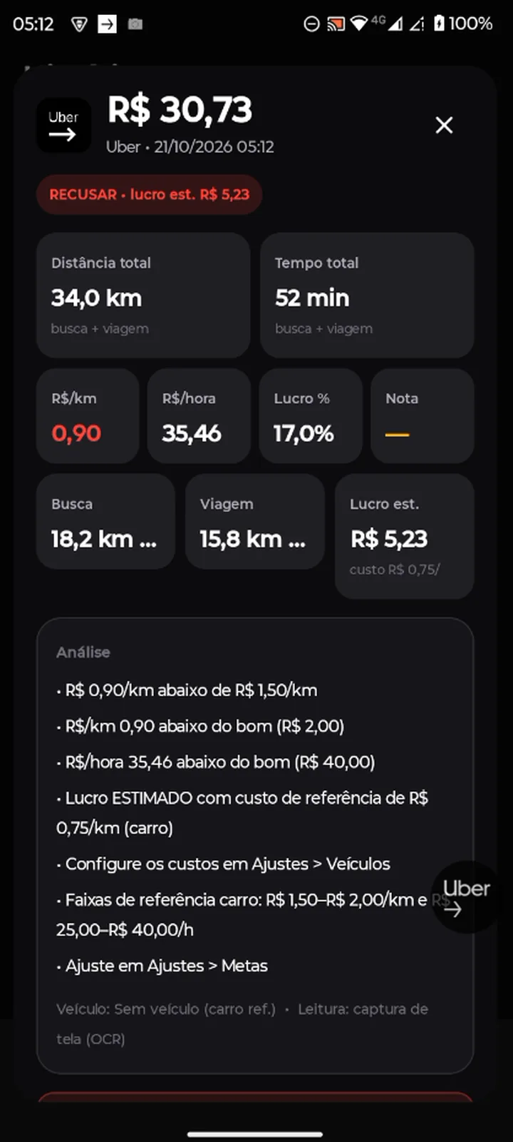 Tela real: oferta da Uber de R$ 30,73 com veredito RECUSAR e análise dos motivos