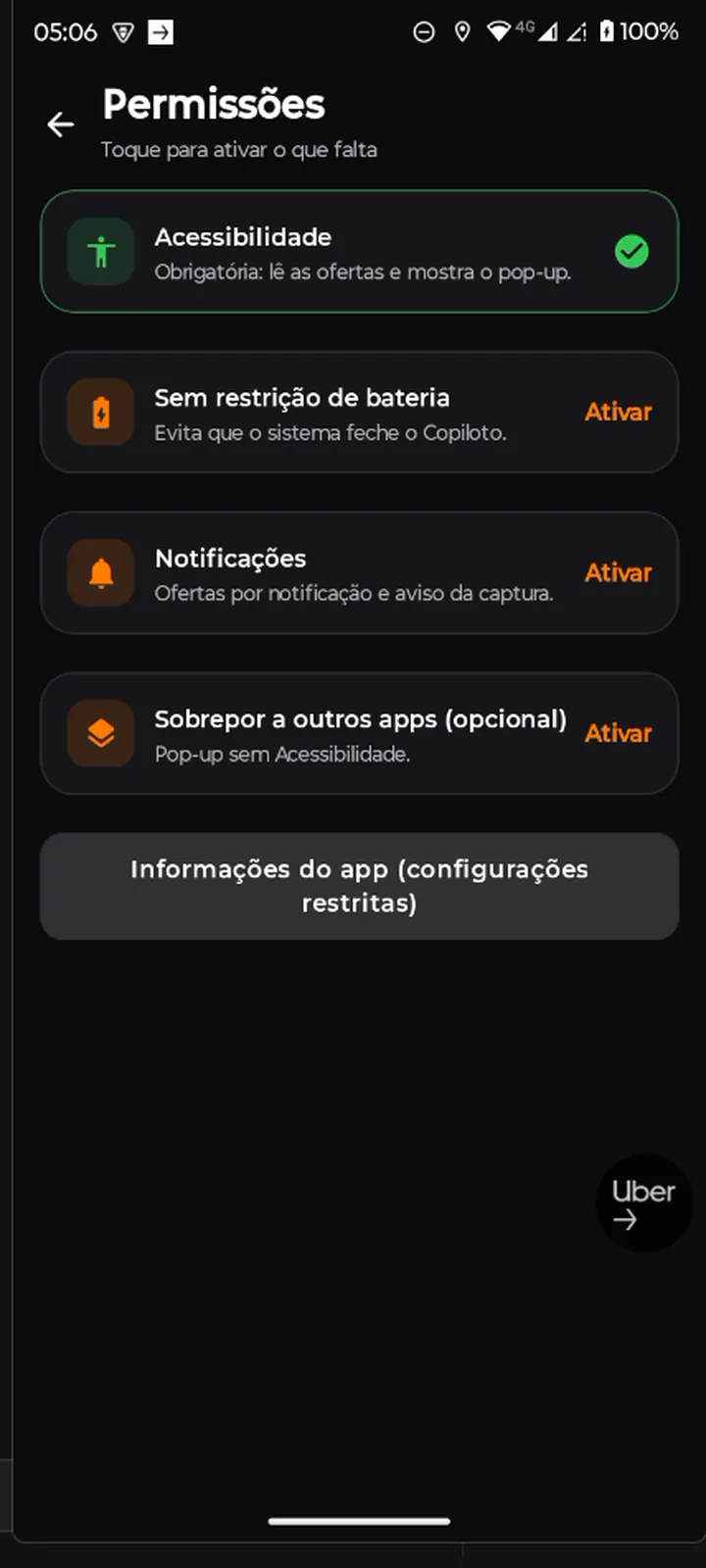 Tela Permissões com Acessibilidade, bateria, notificações e sobreposição